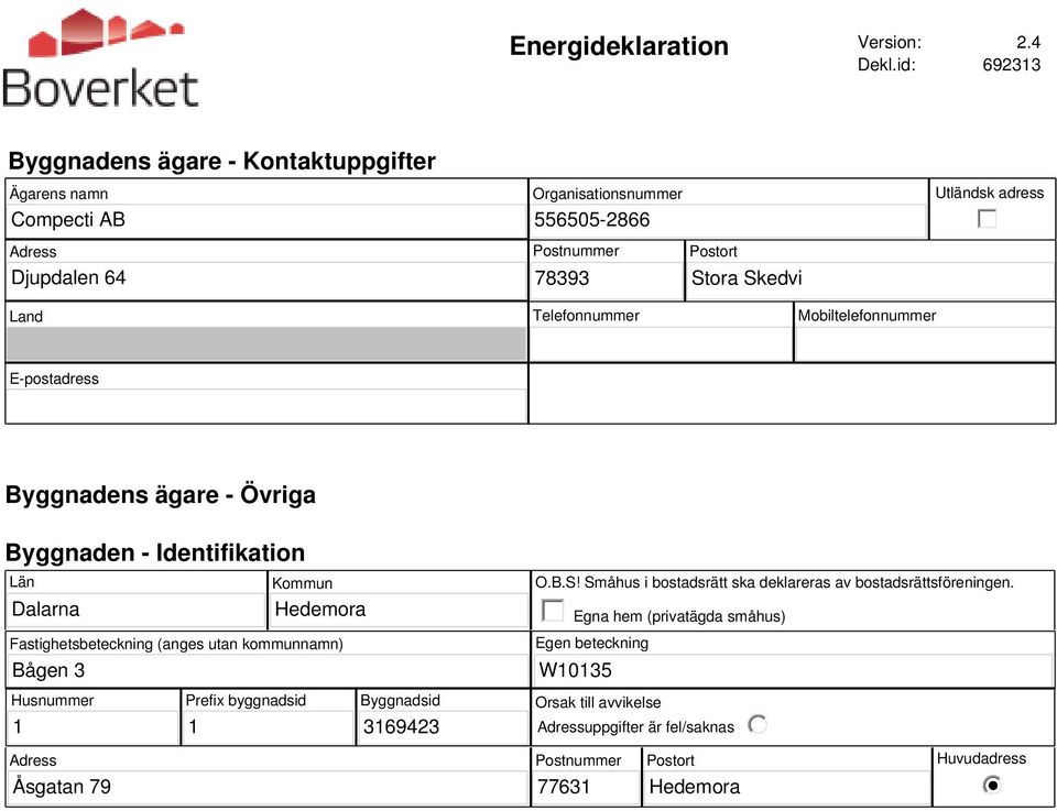 Skedvi Land Telefonnummer Mobiltelefonnummer E-postadress Byggnadens ägare - Övriga Byggnaden - Identifikation Län Dalarna Bågen 3 Kommun Hedemora Fastighetsbeteckning