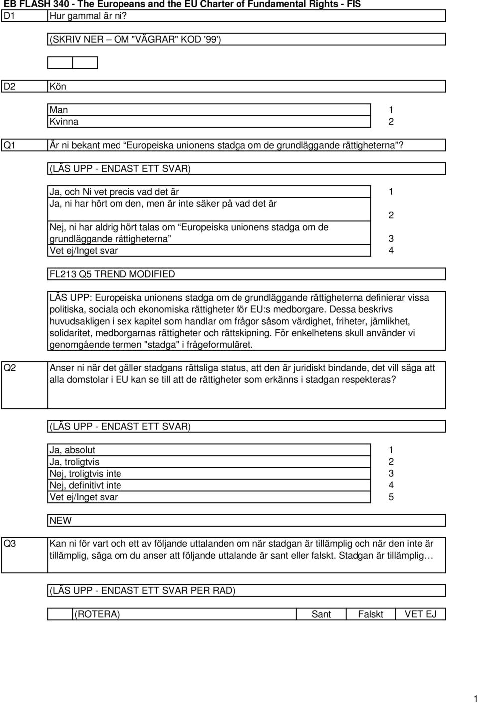 Ja, och Ni vet precis va et är Ja, ni har hört om en, men är inte säker på va et är Nej, ni har alrig hört talas om Europeiska unionens staga om e grunläggane rättigheterna Vet ej/inget svar FL Q