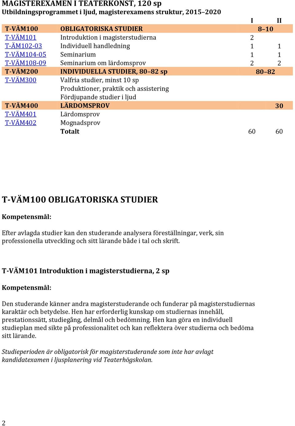 praktik och assistering Fördjupande studier i ljud T-VÄM400 LÄRDOMSPROV 30 T-VÄM401 T-VÄM402 Lärdomsprov Mognadsprov Totalt 60 60 T-VÄM100 OBLIGATORISKA STUDIER Efter avlagda studier kan den