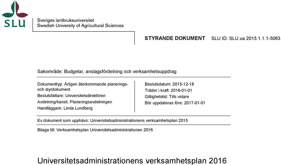 Beslutsfattare: Universitetsdirektören Avdelning/kansli: Planeringsavdelningen Handläggare: Linda Lundberg Beslutsdatum: 2015-12-18 Träder i
