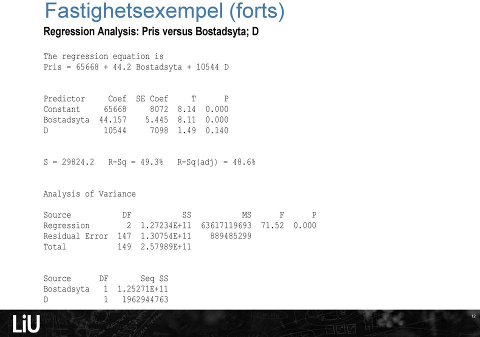 000 D 10544 7098 1.49 0.140 S = 29824.2 R-Sq = 49.3% R-Sq(adj) = 48.6% Analysis of Variance Source DF SS MS F P Regression 2 1.