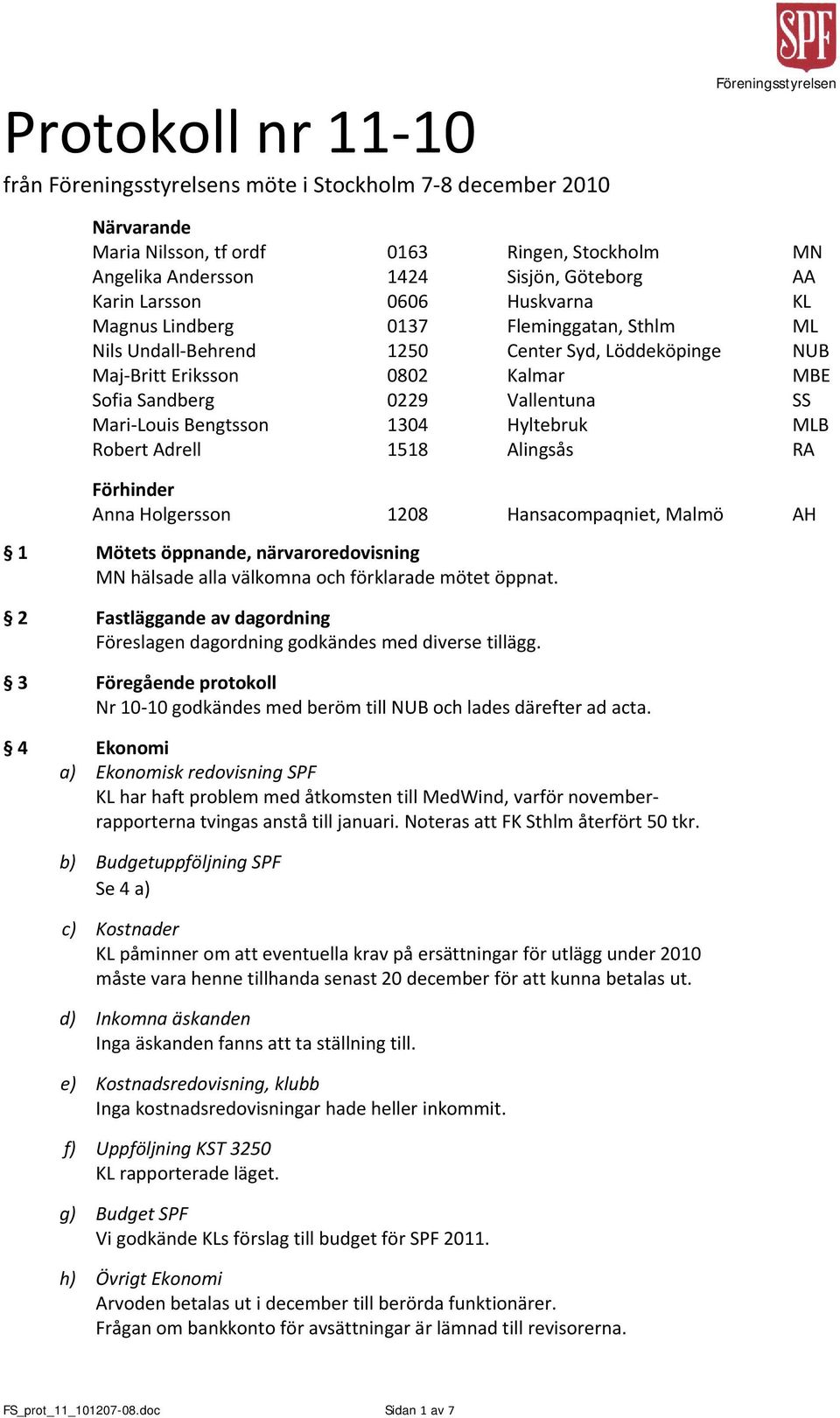 SS Mari Louis Bengtsson 1304 Hyltebruk MLB Robert Adrell 1518 Alingsås RA Förhinder Anna Holgersson 1208 Hansacompaqniet, Malmö AH 1 Mötets öppnande, närvaroredovisning MN hälsade alla välkomna och