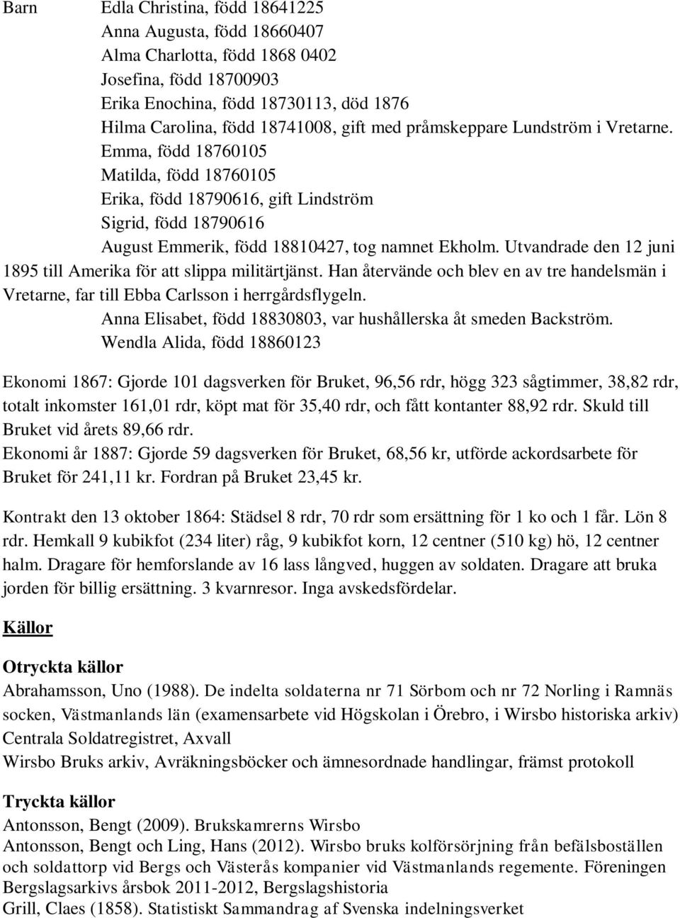 Utvandrade den 12 juni 1895 till Amerika för att slippa militärtjänst. Han återvände och blev en av tre handelsmän i Vretarne, far till Ebba Carlsson i herrgårdsflygeln.