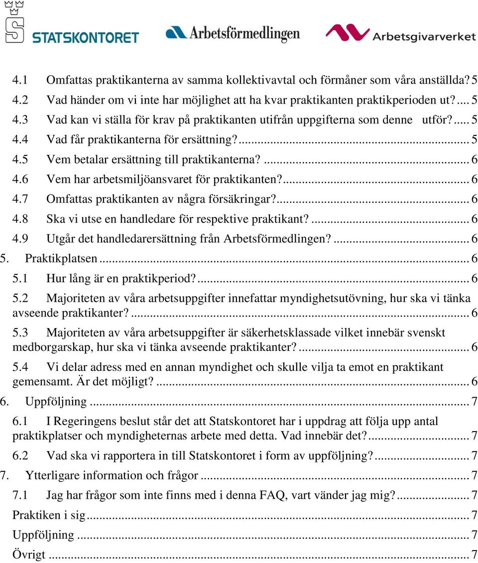 ... 6 4.8 Ska vi utse en handledare för respektive praktikant?... 6 4.9 Utgår det handledarersättning från Arbetsförmedlingen?... 6 5.