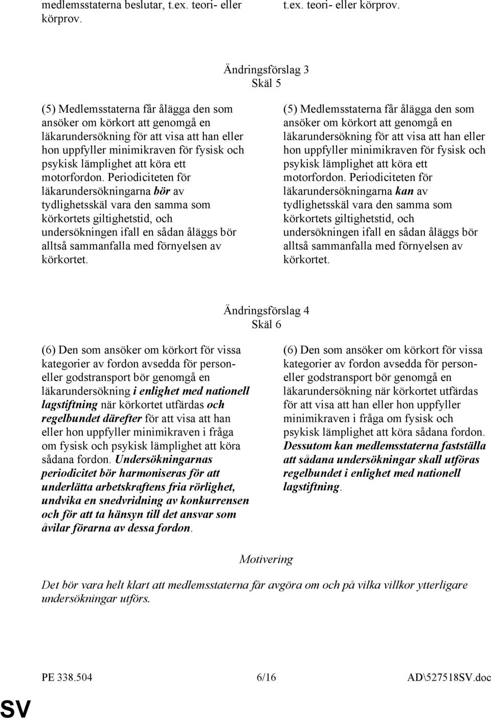 Ändringsförslag 3 Skäl 5 (5) Medlemsstaterna får ålägga den som ansöker om körkort att genomgå en läkarundersökning för att visa att han eller hon uppfyller minimikraven för fysisk och psykisk