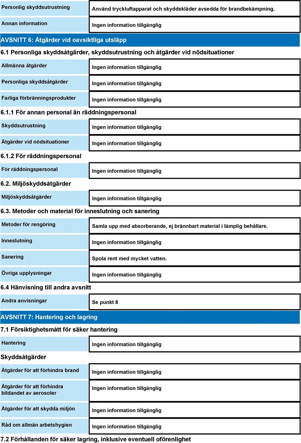 1.2 För räddningspersonal För räddningspersonal 6.2. Miljöskyddsåtgärder Miljöskyddsåtgärder 6.3.