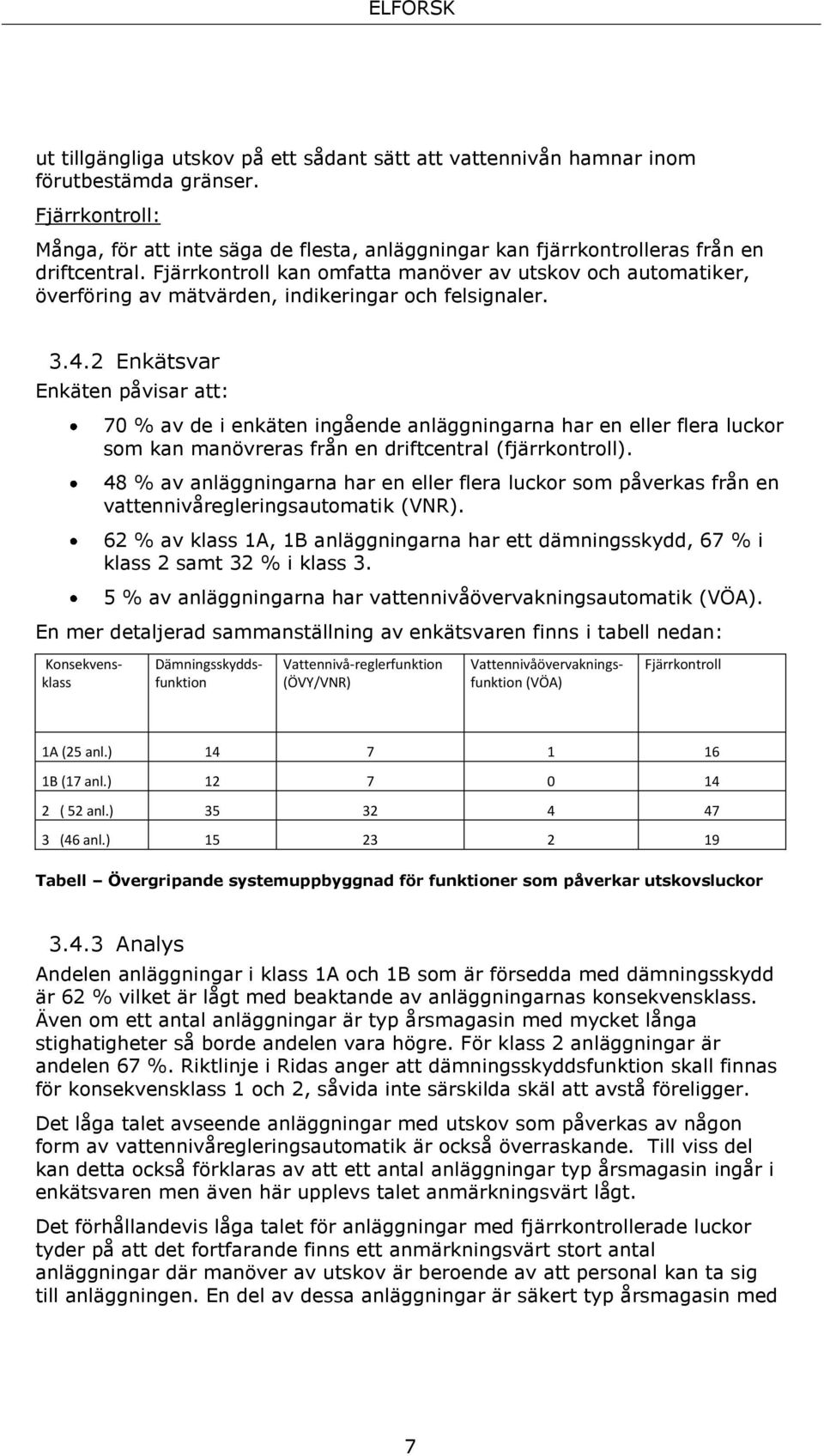 2 Enkätsvar Enkäten påvisar att: 70 % av de i enkäten ingående anläggningarna har en eller flera luckor som kan manövreras från en driftcentral (fjärrkontroll).