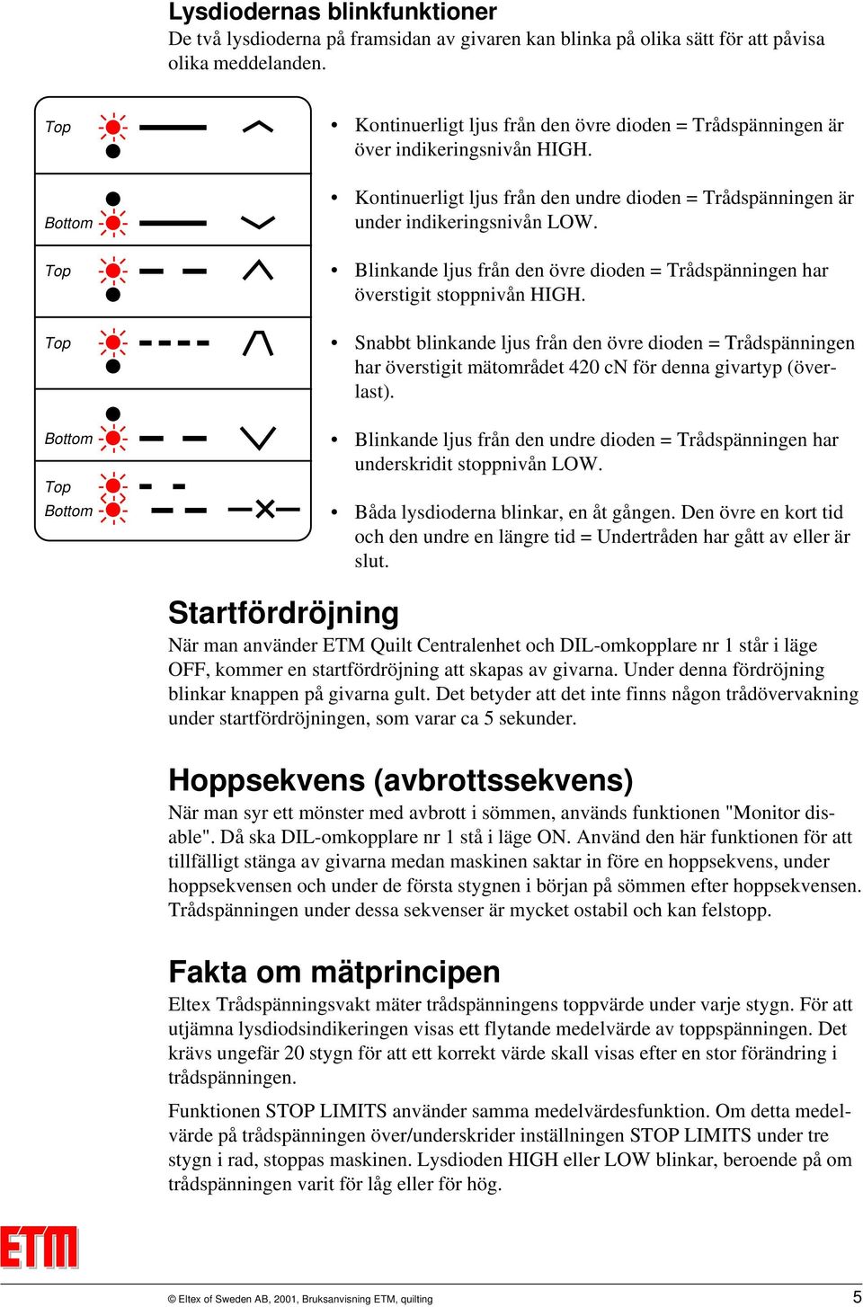 Kontinuerligt ljus från den undre dioden = Trådspänningen är under indikeringsnivån LOW. Blinkande ljus från den övre dioden = Trådspänningen har överstigit stoppnivån HIGH.