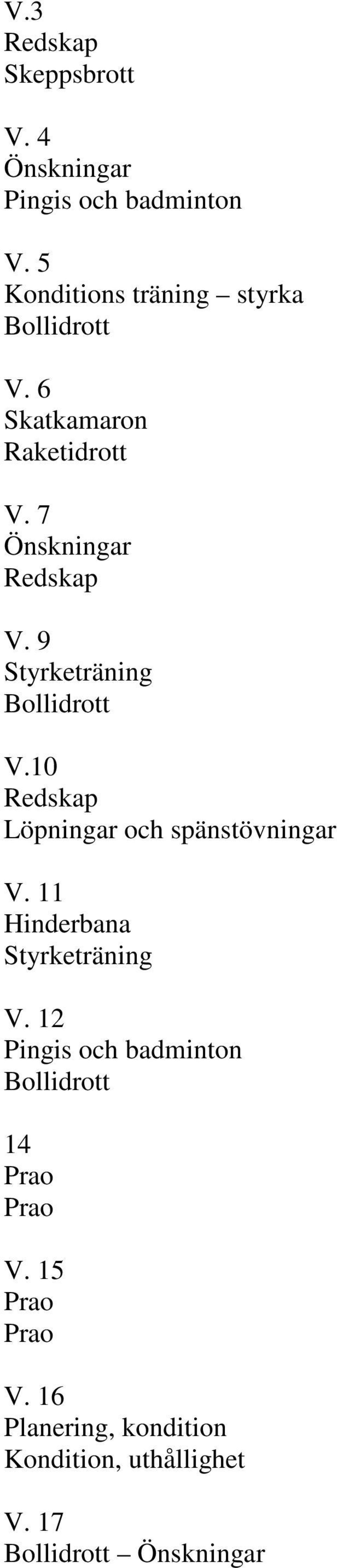 10 Löpningar och spänstövningar V. 11 Hinderbana Styrketräning V.