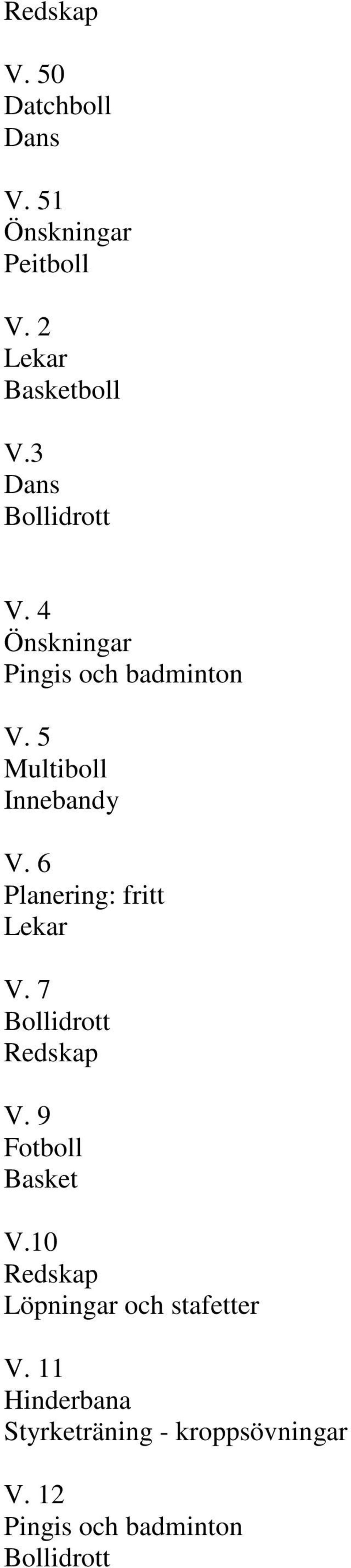 5 Multiboll Innebandy V. 6 Planering: fritt Lekar V.