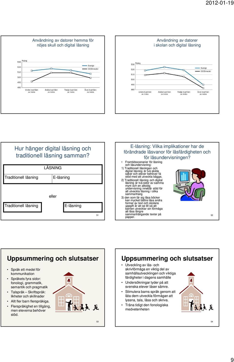 Framtidsscenarier för läsning och läsundervisning: 1) Traditionell läsningen och digital läsning är två skilda saker och elever behöver få stöd med att utveckla bägge, 2) Traditionell läsning och