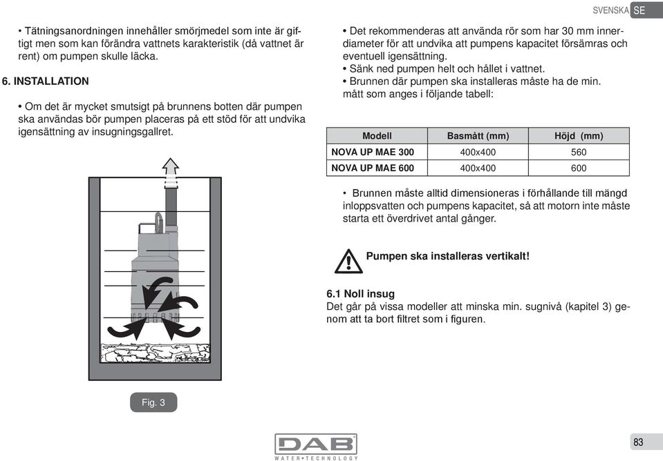 Det rekommenderas att använda rör som har 30 mm innerdiameter för att undvika att pumpens kapacitet försämras och eventuell igensättning. Sänk ned pumpen helt och hållet i vattnet.