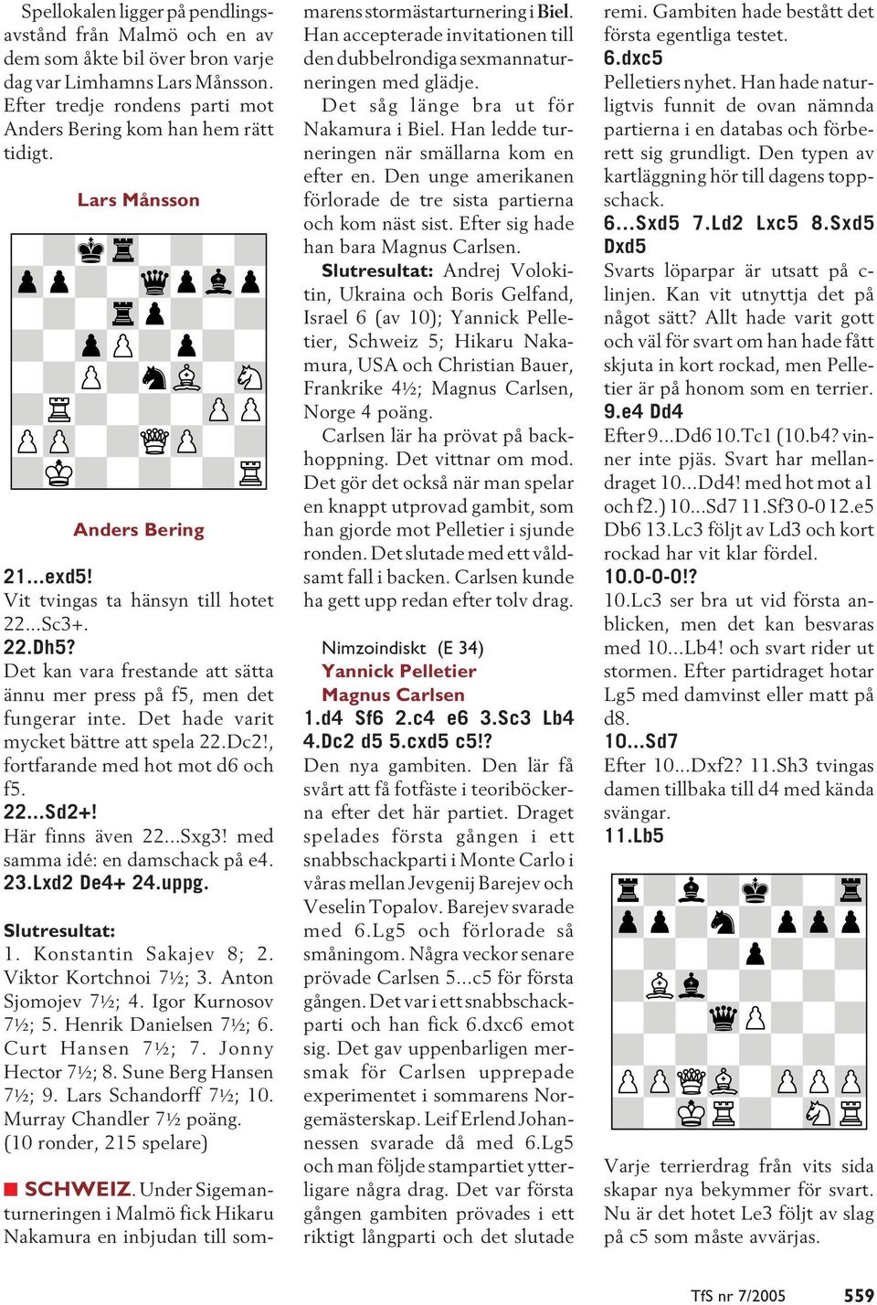 Det hade varit mycket bättre att spela 22.Dc2!, fortfarande med hot mot d6 och f5. 22...Sd2+! Här finns även 22...Sxg3! med samma idé: en damschack på e4. 23.Lxd2 De4+ 24.uppg. Slutresultat: 1.