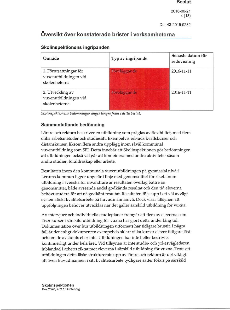 Sammanfattande bedömning _ 2016-11-11 Lärare och rektorn beskriver en utbildning som präglas av flexibilitet, med flera olika arbetsmetoder och studiesätt.