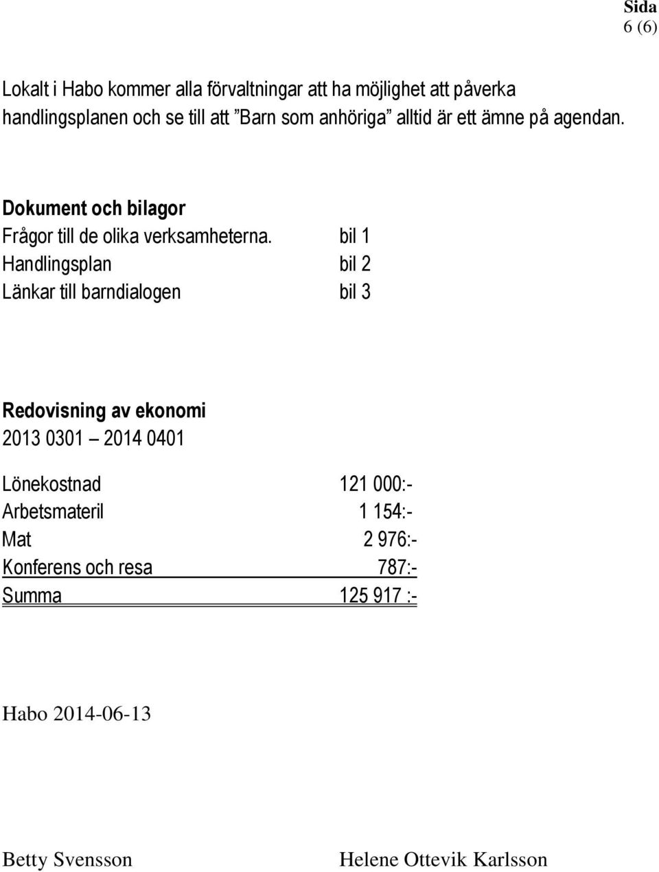 bil 1 Handlingsplan bil 2 Länkar till barndialogen bil 3 Redovisning av ekonomi 2013 0301 2014 0401 Lönekostnad 121