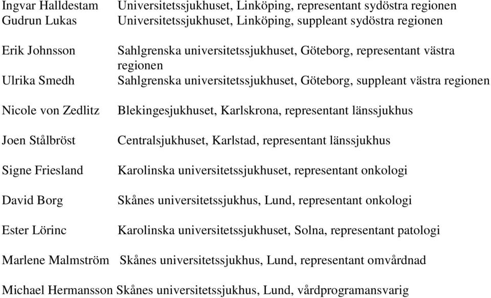 regionen Blekingesjukhuset, Karlskrona, representant länssjukhus Centralsjukhuset, Karlstad, representant länssjukhus Karolinska universitetssjukhuset, representant onkologi Skånes