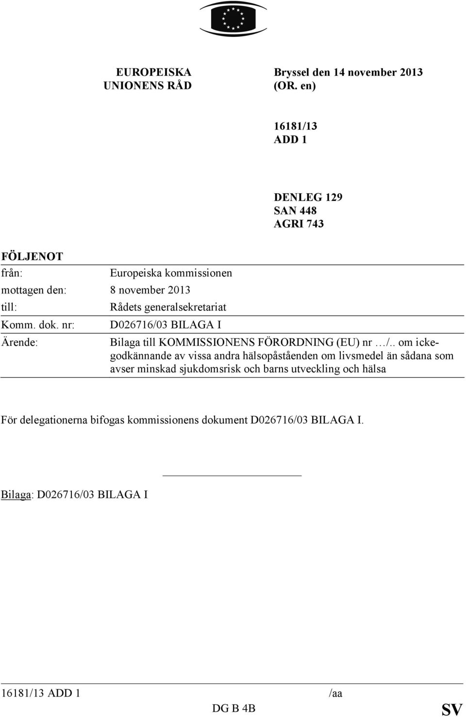 nr: Ärende: Rådets generalsekretariat D026716/03 BILAGA I Bilaga till KOMMISSIONENS FÖRORDNING (EU) nr /.