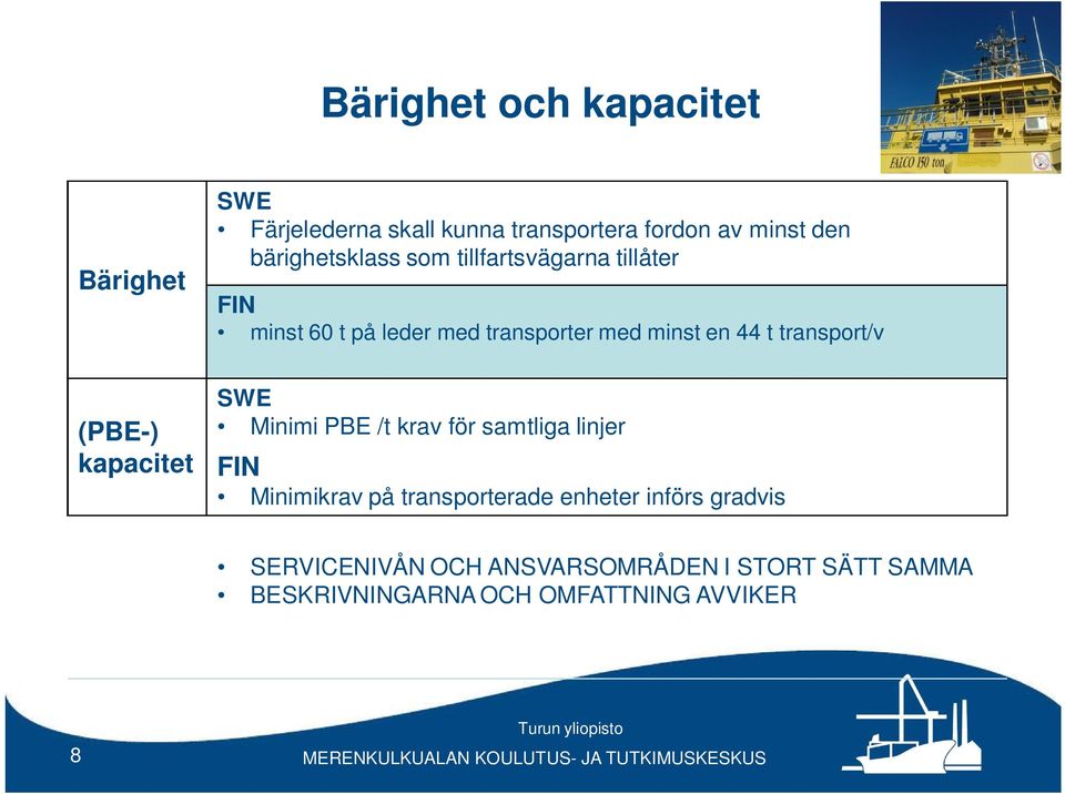 minst en 44 t transport/v SWE Minimi PBE /t krav för samtliga linjer FIN Minimikrav på transporterade