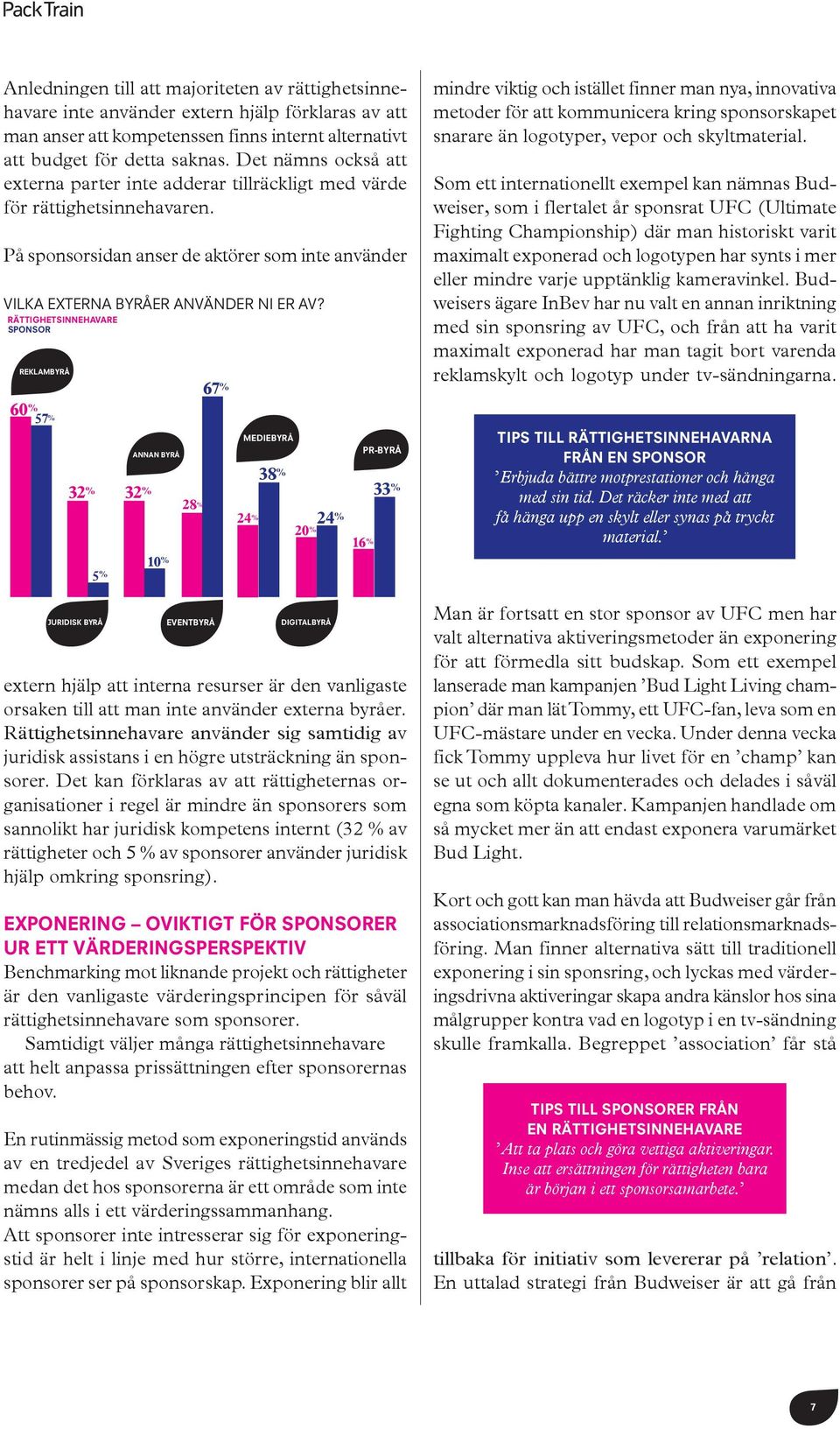 RÄTTIGHETSINNEHAVARE SPONSOR HÖGSKOLA/ UNIVERSITET REKLAMBYRÅ 60 % 57 % JURIDISK BYRÅ ANNAN BYRÅ 5 % 10 % EVENTBYRÅ 67 % 32 % 32 % 28 % 24 % MEDIEBYRÅ 38 % DIGITALBYRÅ PR-BYRÅ 33 % 24 % 20 % 16 %