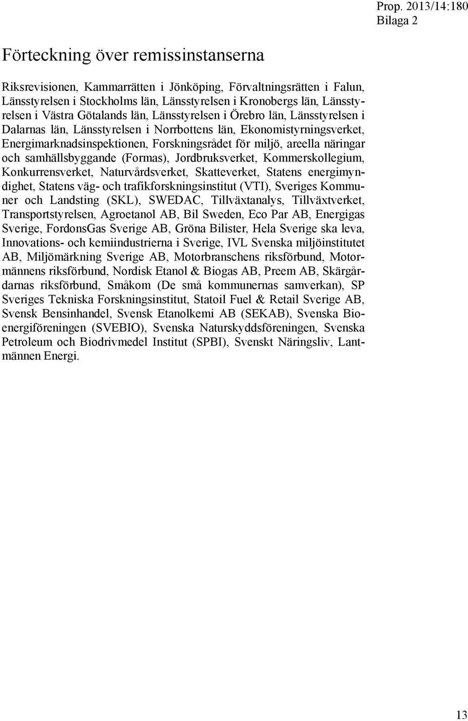 näringar och samhällsbyggande (Formas), Jordbruksverket, Kommerskollegium, Konkurrensverket, Naturvårdsverket, Skatteverket, Statens energimyndighet, Statens väg- och trafikforskningsinstitut (VTI),