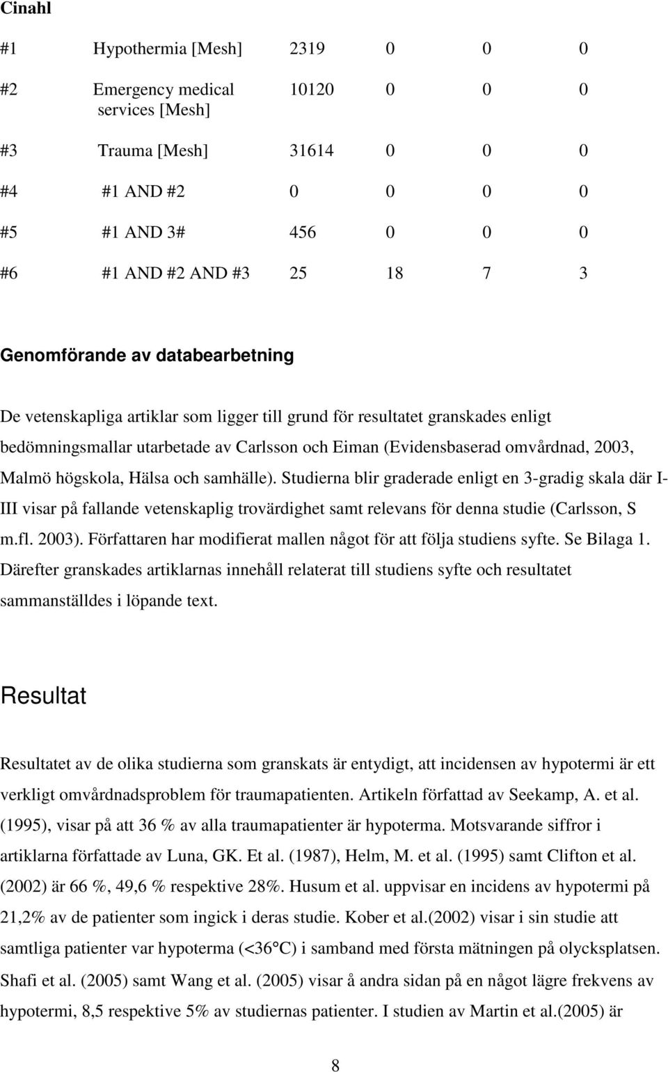 Malmö högskola, Hälsa och samhälle). Studierna blir graderade enligt en 3-gradig skala där I- III visar på fallande vetenskaplig trovärdighet samt relevans för denna studie (Carlsson, S m.fl. 2003).