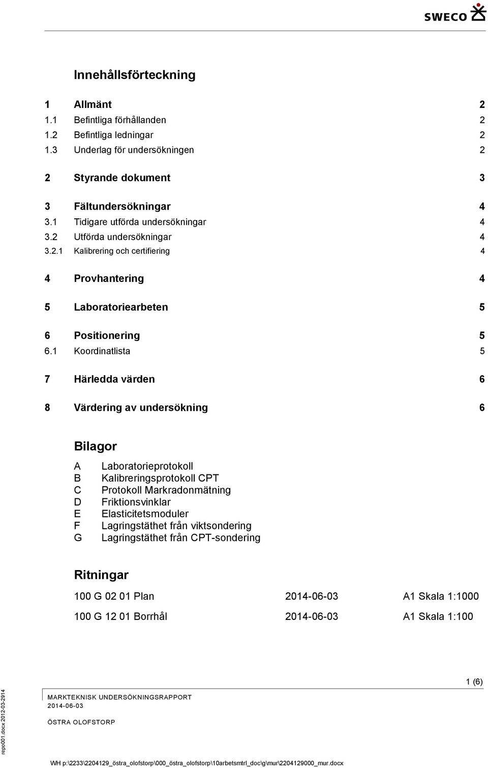 1 Koordinatlista 5 7 Härledda värden 6 8 Värdering av undersökning 6 Bilagor A Laboratorieprotokoll B Kalibreringsprotokoll CPT C Protokoll Markradonmätning D Friktionsvinklar E Elasticitetsmoduler F