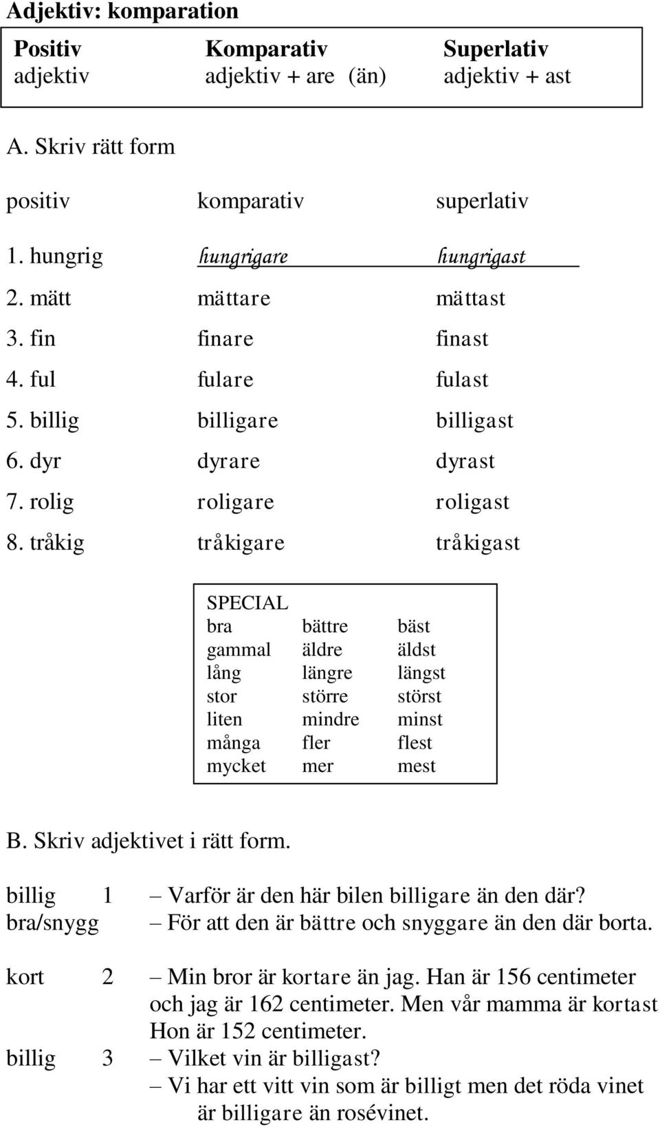 tråkig tråkigare tråkigast SPECIAL bra bättre bäst gammal äldre äldst lång längre längst stor större störst liten mindre minst många fler flest mycket mer mest B. Skriv adjektivet i rätt form.