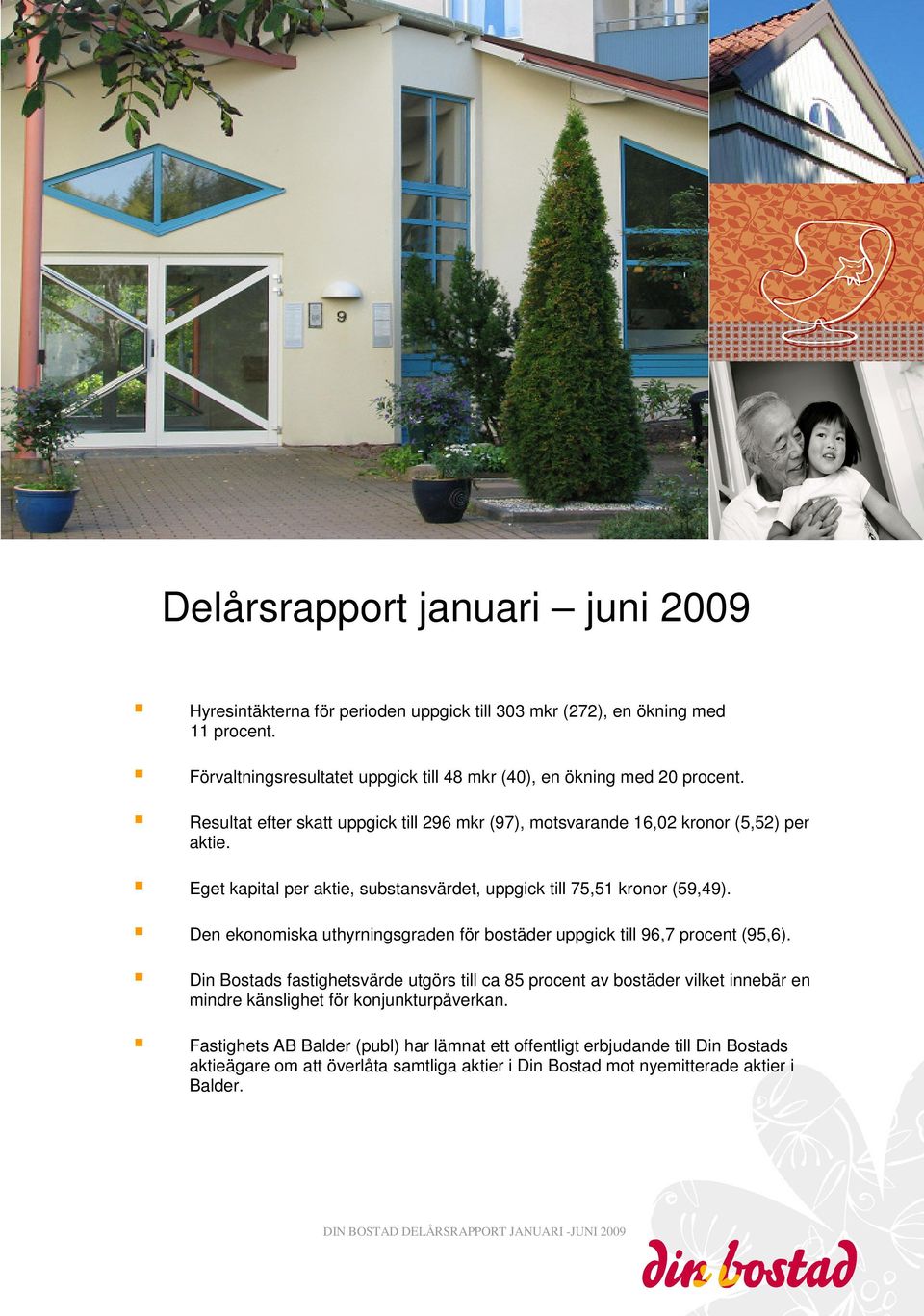 Eget kapital per aktie, substansvärdet, uppgick till 75,51 kronor (59,49). Den ekonomiska uthyrningsgraden för bostäder uppgick till 96,7 procent (95,6).