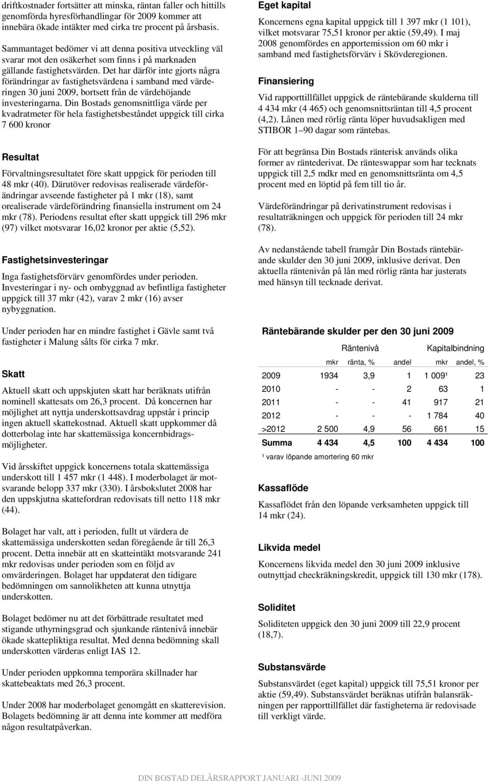 Det har därför inte gjorts några förändringar av fastighetsvärdena i samband med värderingen 30 juni 2009, bortsett från de värdehöjande investeringarna.