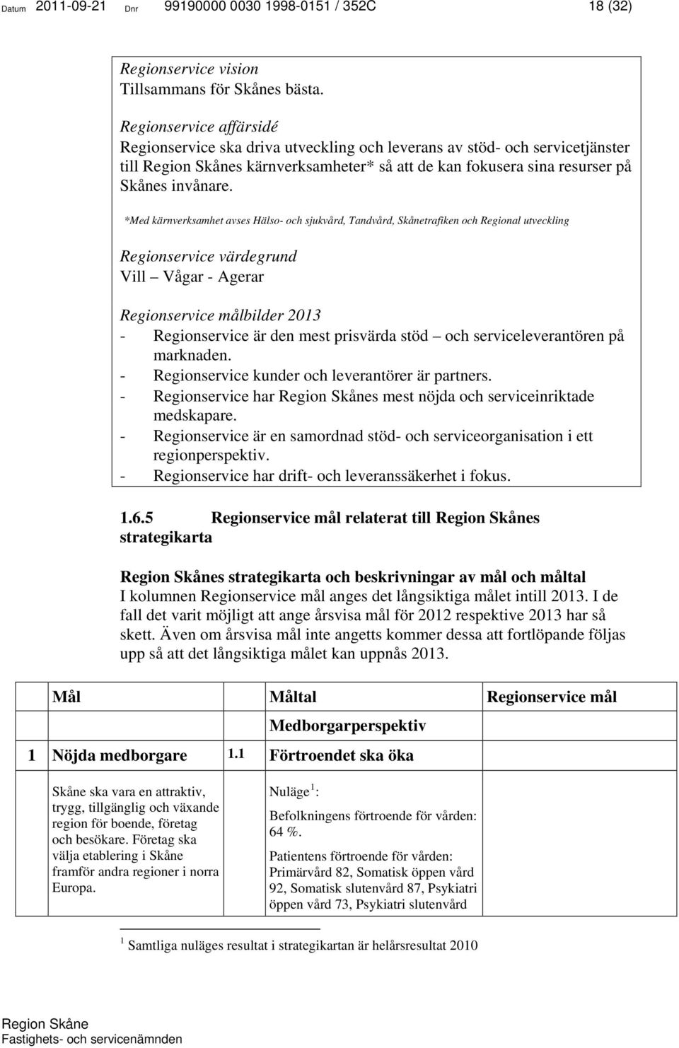 *Med kärnverksamhet avses Hälso- och sjukvård, Tandvård, Skånetrafiken och Regional utveckling Regionservice värdegrund Vill Vågar - Agerar Regionservice målbilder 2013 - Regionservice är den mest