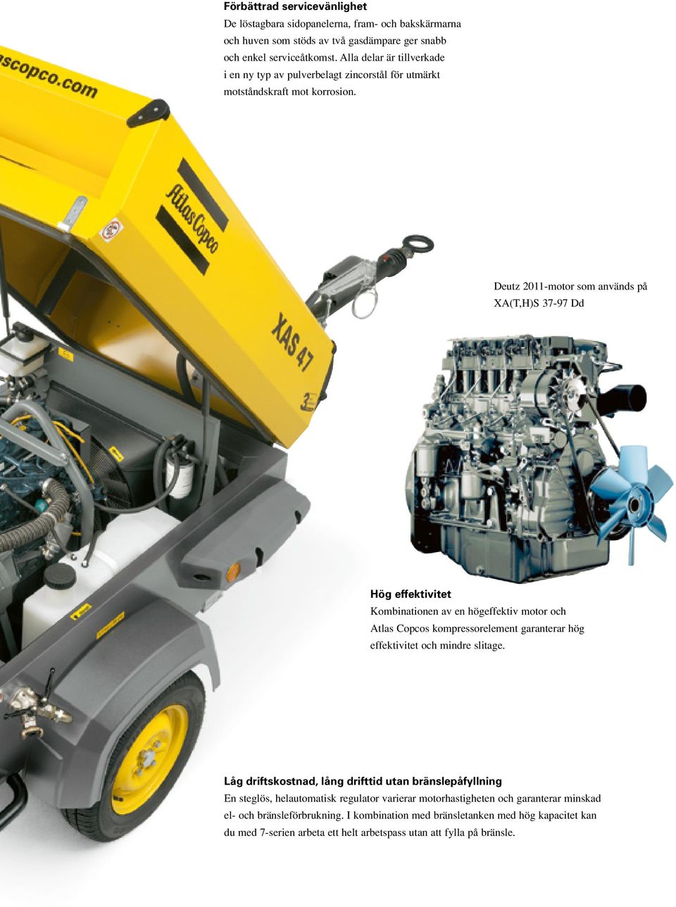 Deutz 2011-motor som används på XA(T,H)S 37-97 Dd Hög effektivitet Kombinationen av en högeffektiv motor och Atlas Copcos kompressorelement garanterar hög effektivitet och mindre