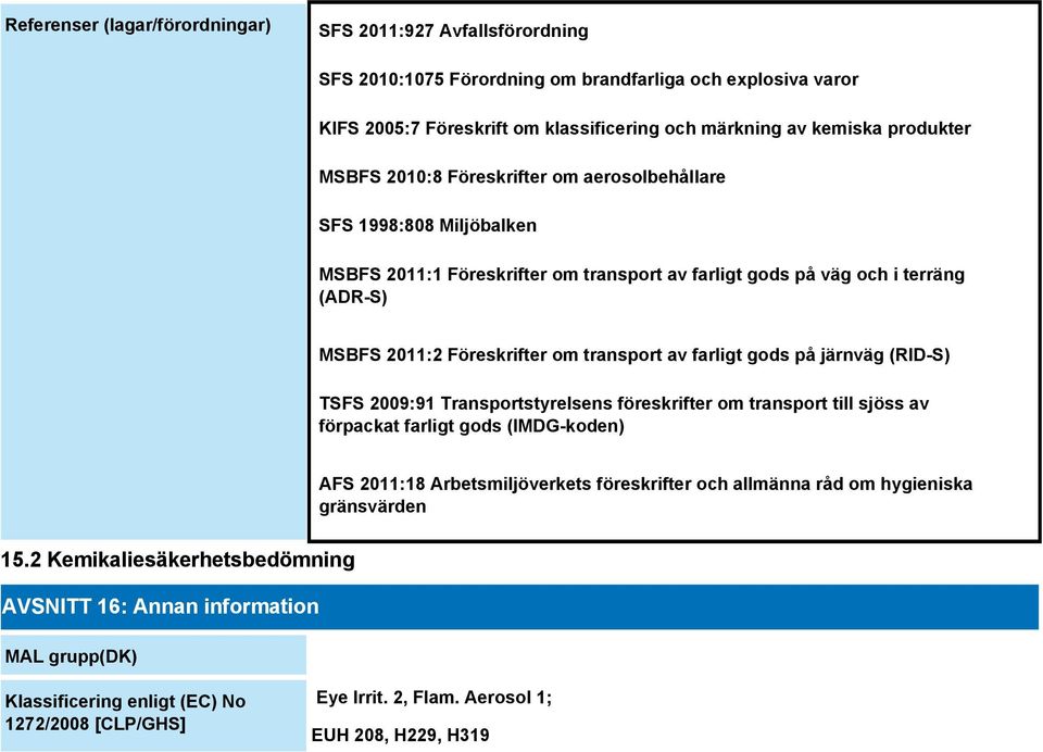 farligt gods på järnväg (RID-S) TSFS 2009:91 Transportstyrelsens föreskrifter om transport till sjöss av förpackat farligt gods (IMDG-koden) AFS 2011:18 Arbetsmiljöverkets föreskrifter och allmänna