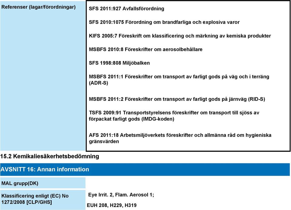 farligt gods på järnväg (RID-S) TSFS 2009:91 Transportstyrelsens föreskrifter om transport till sjöss av förpackat farligt gods (IMDG-koden) AFS 2011:18 Arbetsmiljöverkets föreskrifter och allmänna