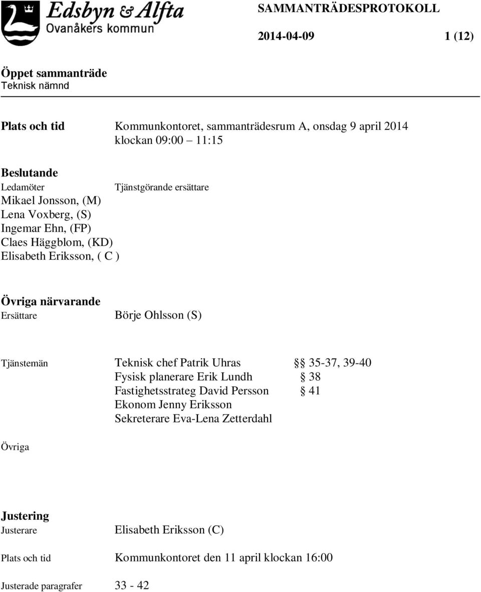 Ohlsson (S) Tjänstemän Teknisk chef Patrik Uhras 35-37, 39-40 Fysisk planerare Erik Lundh 38 Fastighetsstrateg David Persson 41 Ekonom Jenny Eriksson