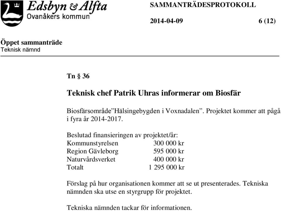 Beslutad finansieringen av projektet/år: Kommunstyrelsen 300 000 kr Region Gävleborg 595 000 kr Naturvårdsverket 400