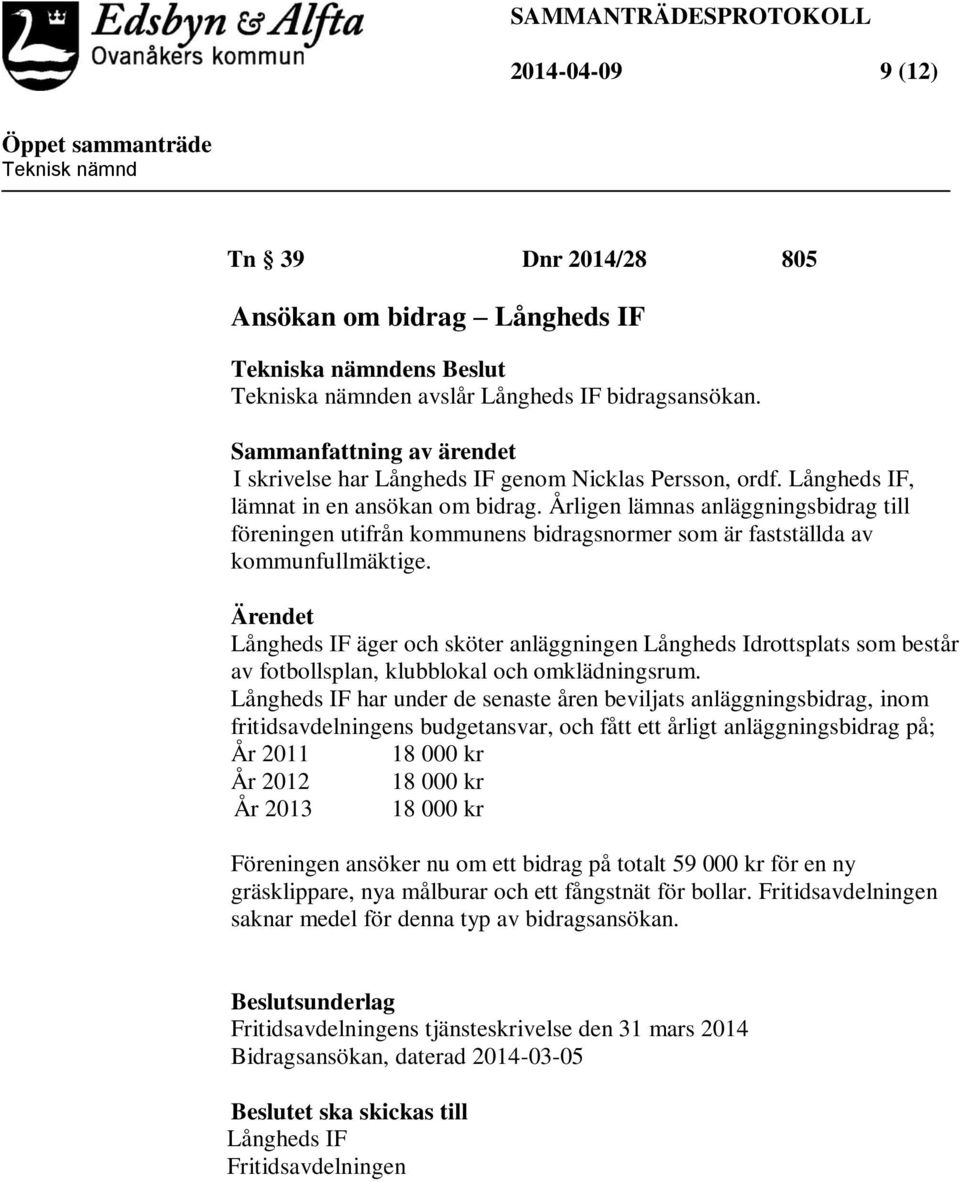 Årligen lämnas anläggningsbidrag till föreningen utifrån kommunens bidragsnormer som är fastställda av kommunfullmäktige.