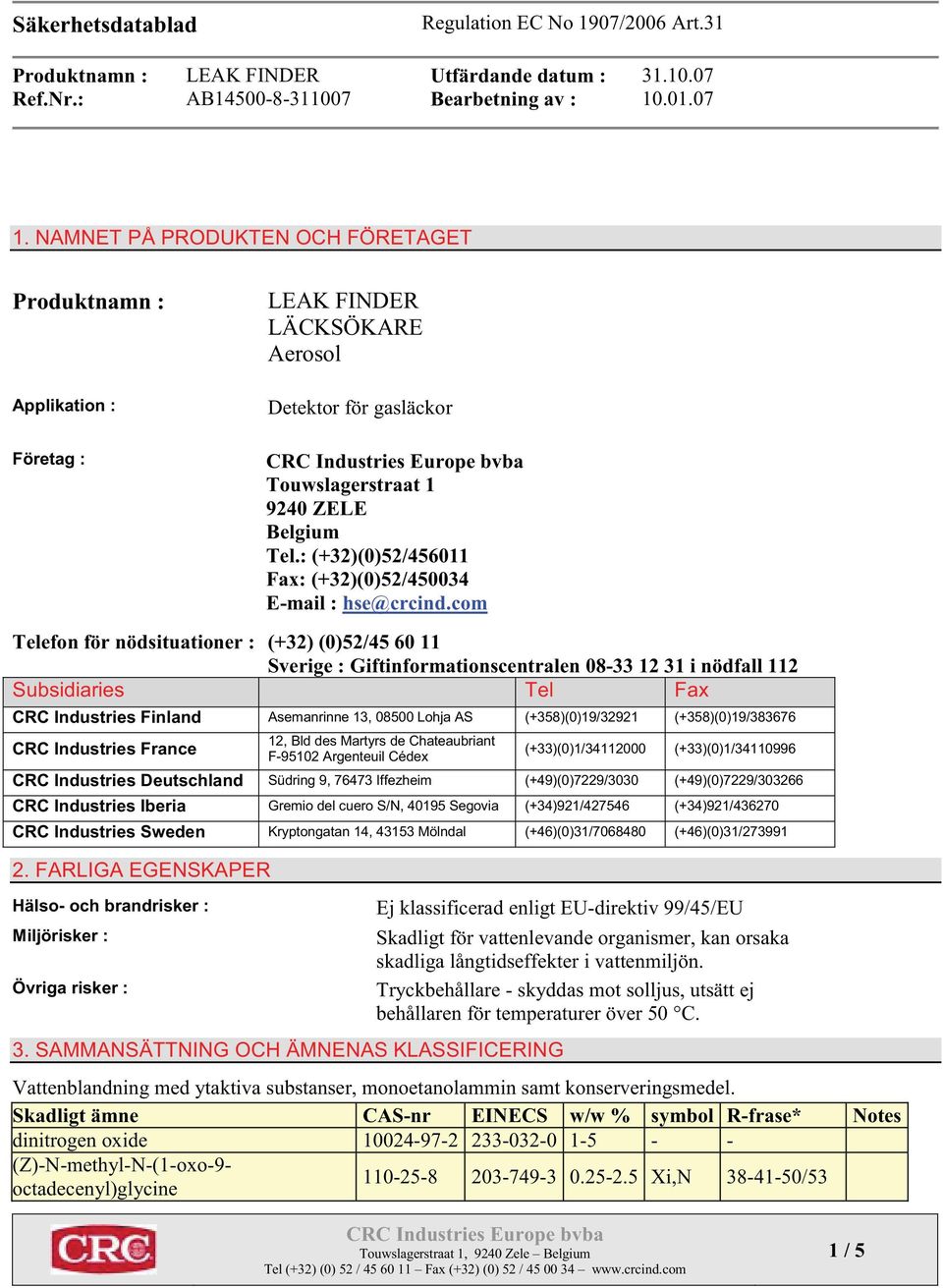 com Telefon för nödsituationer : (+32) (0)52/45 60 11 Sverige : Giftinformationscentralen 08-33 12 31 i nödfall 112 Subsidiaries Tel Fax CRC Industries Finland Asemanrinne 13, 08500 Lohja AS