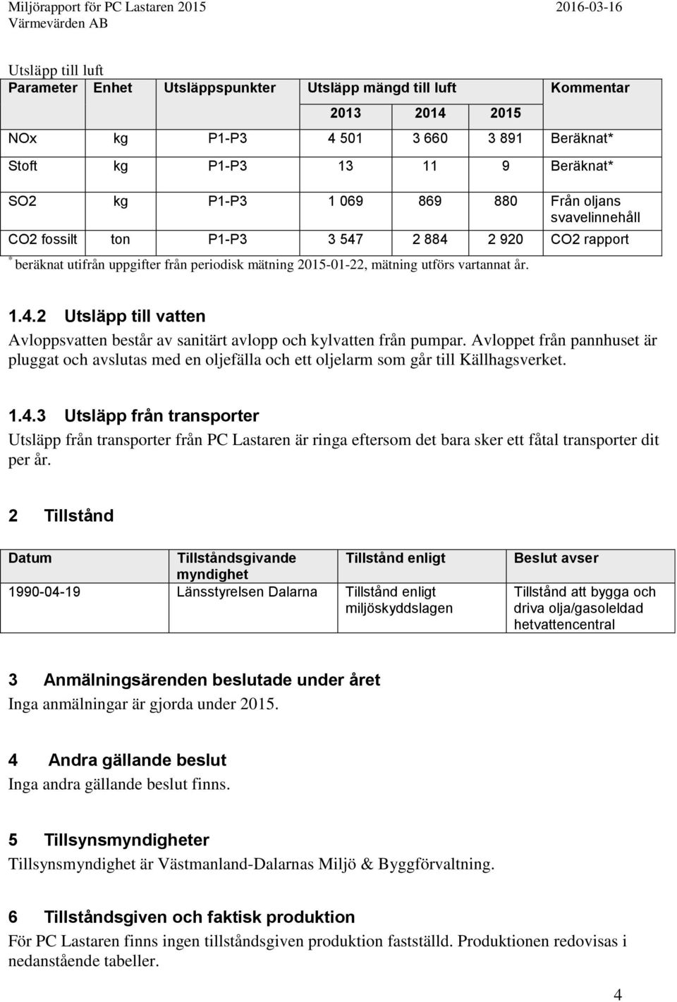 Avloppet från pannhuset är pluggat och avslutas med en oljefälla och ett oljelarm som går till Källhagsverket. 1.4.