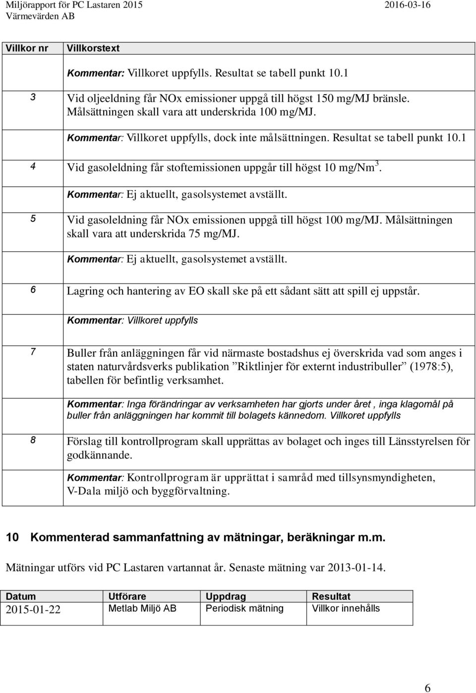 1 4 Vid gasoleldning får stoftemissionen uppgår till högst 10 mg/nm 3. Kommentar: Ej aktuellt, gasolsystemet avställt. 5 Vid gasoleldning får NOx emissionen uppgå till högst 100 mg/mj.