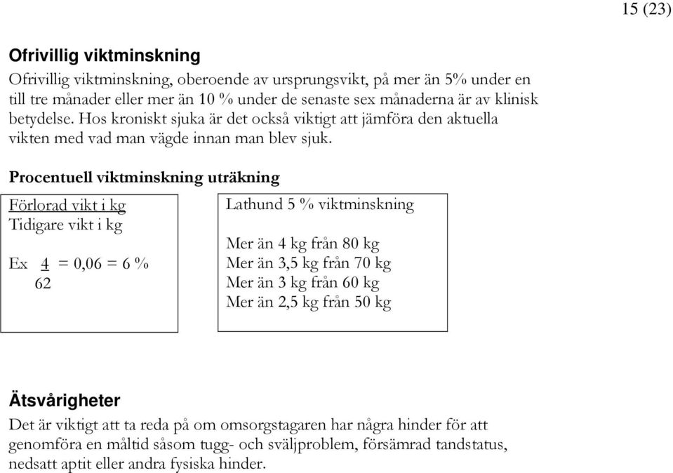 Procentuell viktminskning uträkning Förlorad vikt i kg Lathund 5 % viktminskning Tidigare vikt i kg Ex 4 = 0,06 = 6 % 62 Mer än 4 kg från 80 kg Mer än 3,5 kg från 70 kg Mer än 3 kg