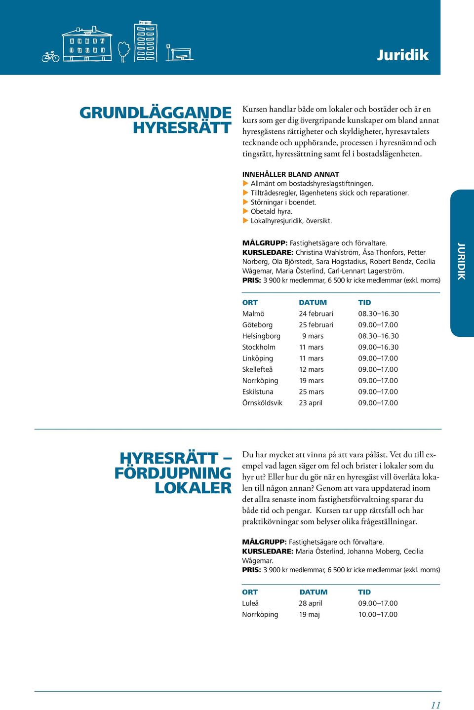 u Tillträdesregler, lägenhetens skick och reparationer. u Störningar i boendet. u Obetald hyra. u Lokalhyresjuridik, översikt. Målgrupp: Fastighetsägare och förvaltare.