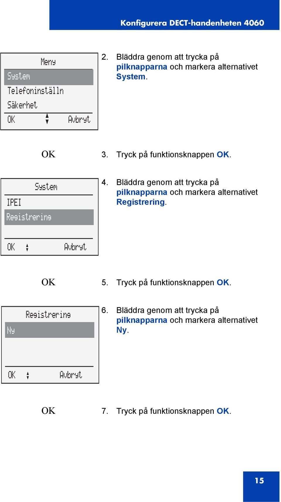 System IPEI Registrering 4. Bläddra genom att trycka på Registrering. OK 5.