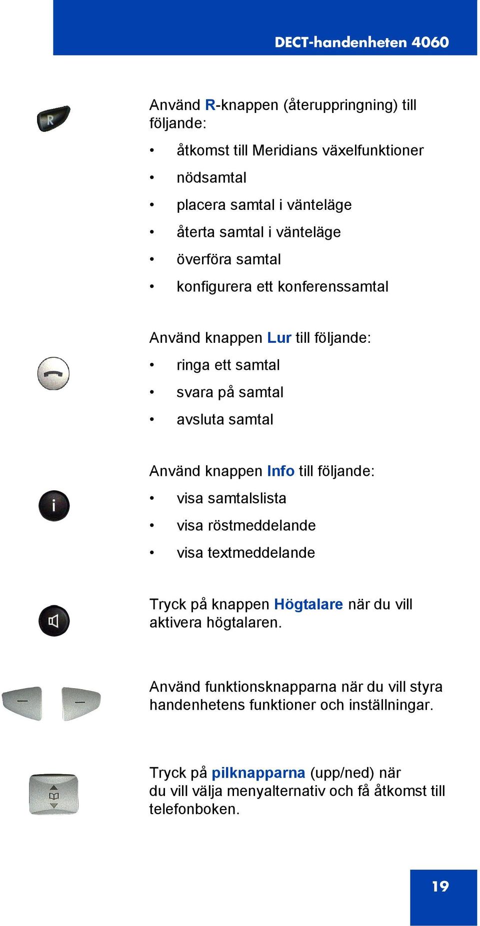 till följande: visa samtalslista visa röstmeddelande visa textmeddelande Tryck på knappen Högtalare när du vill aktivera högtalaren.