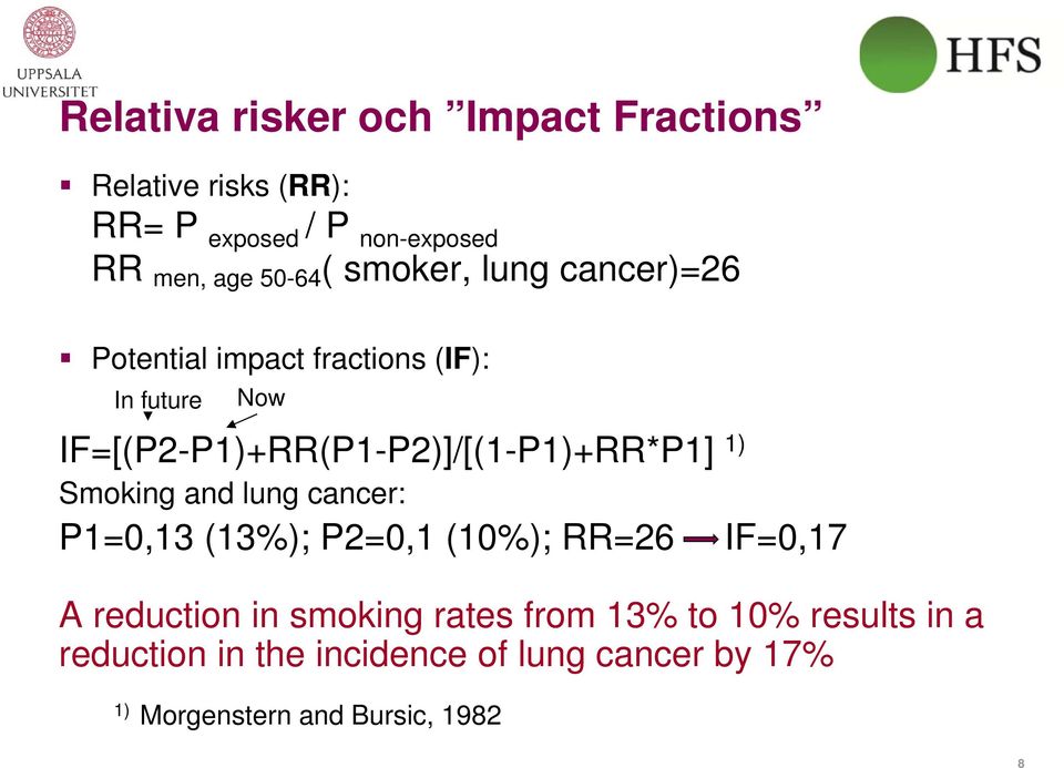 IF=[(P2-P1)+RR(P1-P2)]/[(1-P1)+RR*P1] 1) Smoking and lung cancer: P1=0,13 (13%); P2=0,1 (10%); RR=26
