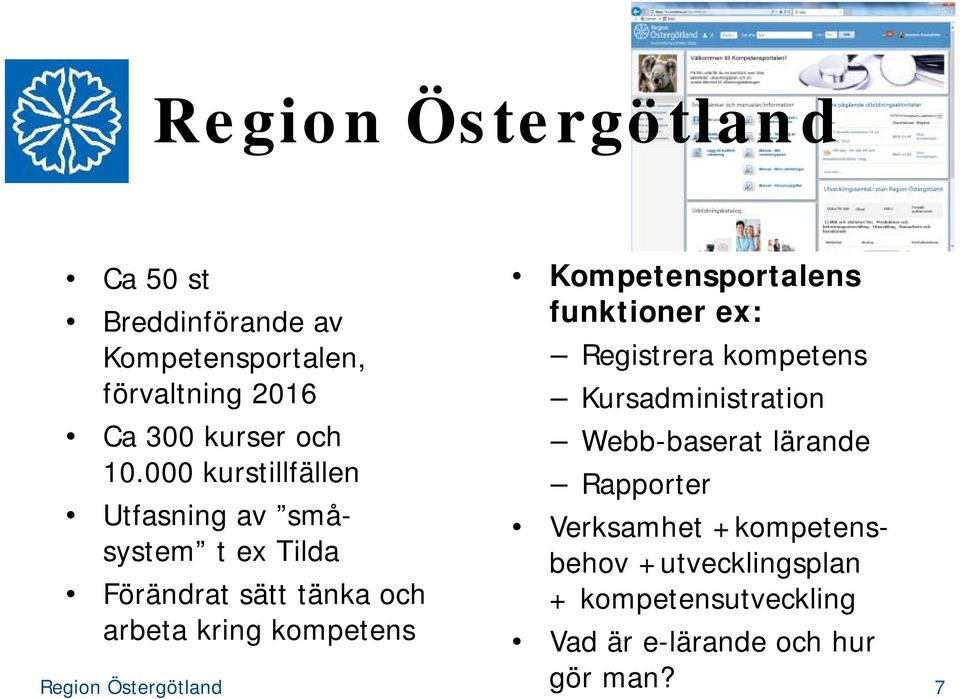 Östergötland Kompetensportalens funktioner ex: Registrera kompetens Kursadministration Webb-baserat lärande