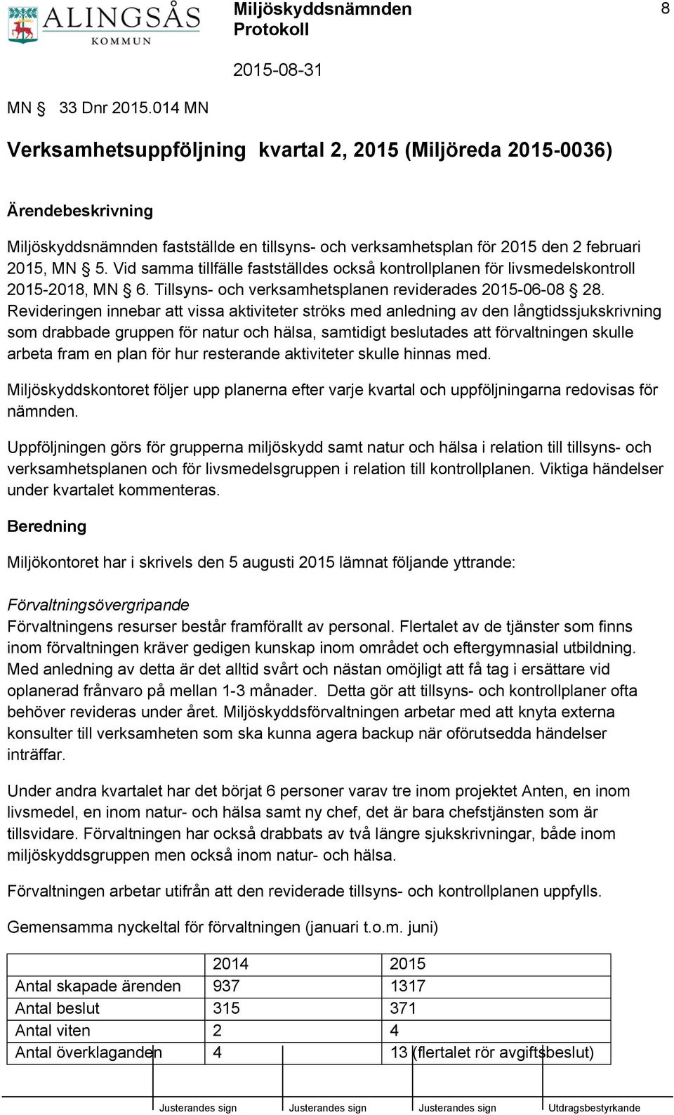 Vid samma tillfälle fastställdes också kontrollplanen för livsmedelskontroll 2015-2018, MN 6. Tillsyns- och verksamhetsplanen reviderades 2015-06-08 28.