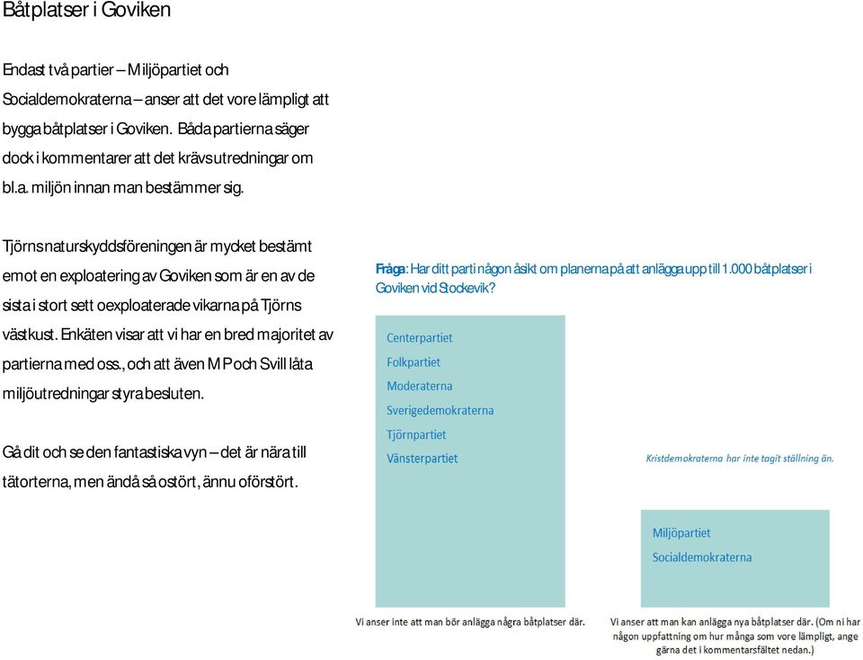 Tjörns naturskyddsföreningen är mycket bestämt emot en exploatering av Goviken som är en av de sista i stort sett oexploaterade vikarna på Tjörns västkust.
