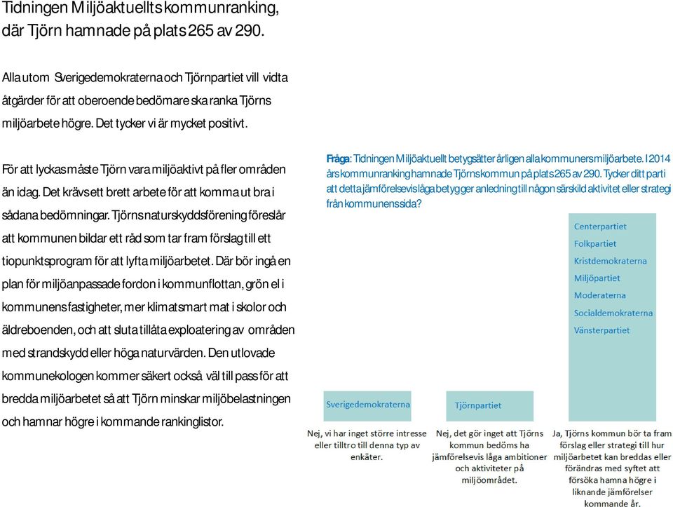 För att lyckas måste Tjörn vara miljöaktivt på fler områden än idag. Det krävs ett brett arbete för att komma ut bra i sådana bedömningar.