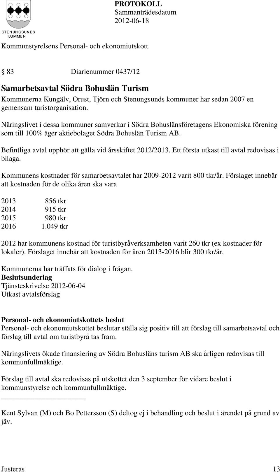 Befintliga avtal upphör att gälla vid årsskiftet 2012/2013. Ett första utkast till avtal redovisas i bilaga. Kommunens kostnader för samarbetsavtalet har 2009-2012 varit 800 tkr/år.