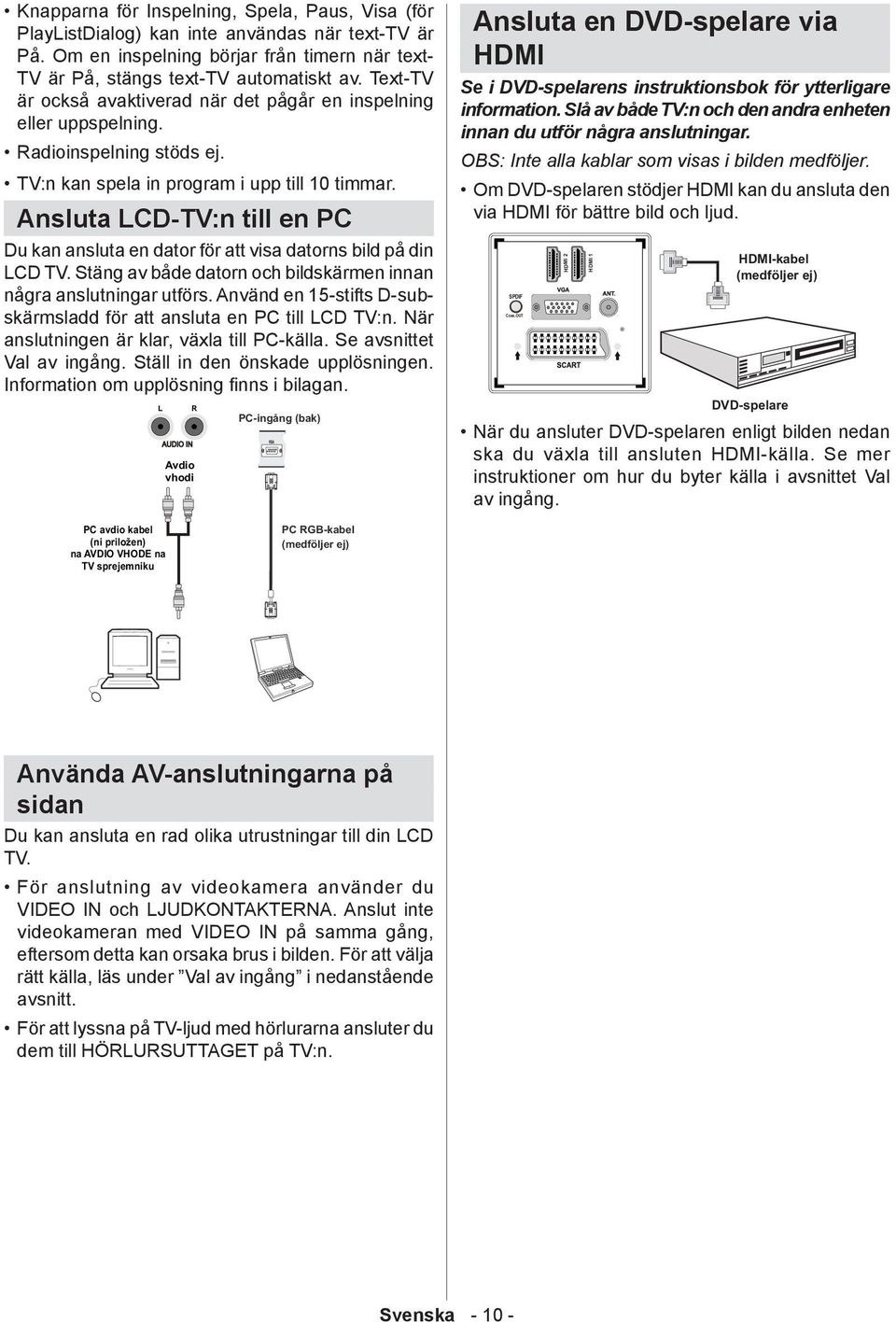 Ansluta LCD-TV:n till en PC Du kan ansluta en dator för att visa datorns bild på din LCD TV. Stäng av både datorn och bildskärmen innan några anslutningar utförs.